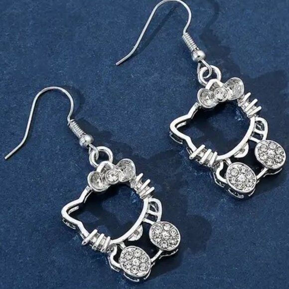 4/20 Sanrio Hello Kitty Sivertone Earrings with Rhinestone Inlay - Picture 3 of 3